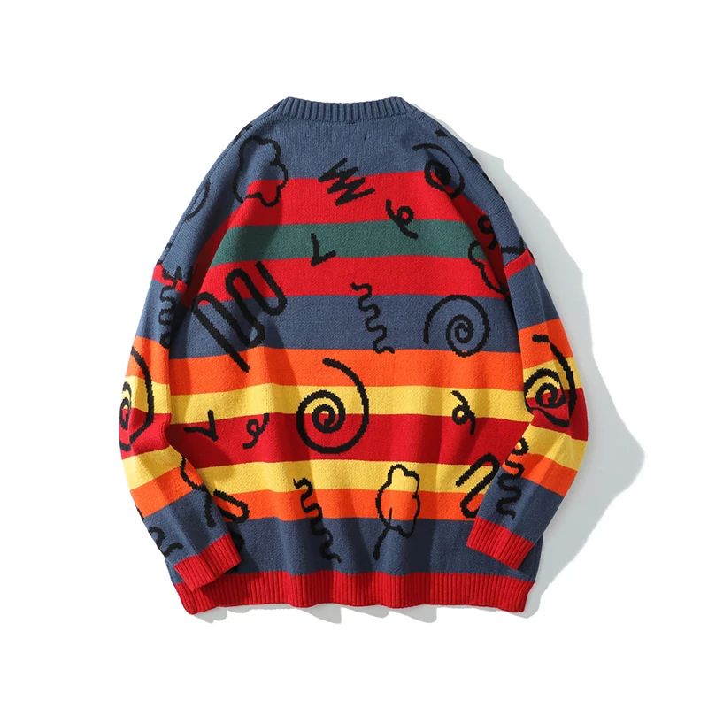 

Color Block Striped Graffiti Pullover Sweater Oversize Men and Women Round Neck Hip Hop Knit Sweaters Streetwear Baggy Sweater