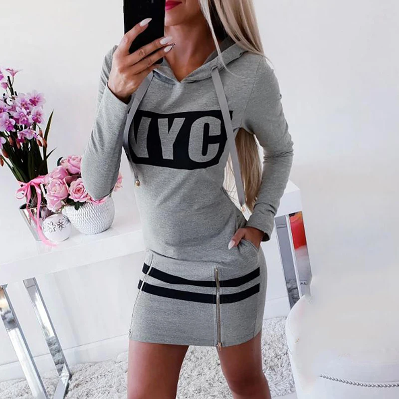 Women Casual Dress Patchwork Design Hooded Zipper Decor Long Sleeve Letter Print Lady Autumn Mini | Женская одежда