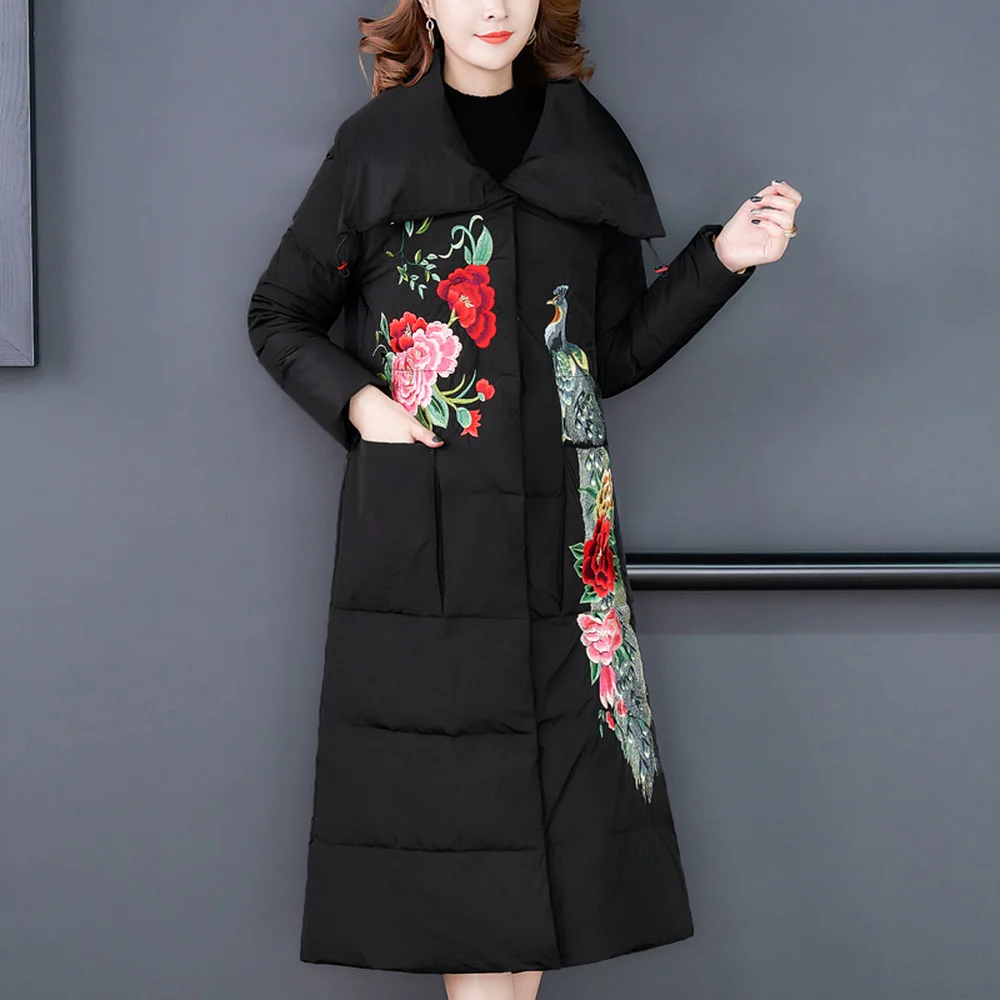 

Womens Vintage Embroidery Floral Printed Down Cotton Blend Maxi Parka Outwear Long Overcoat Lapel Collar Black 2020