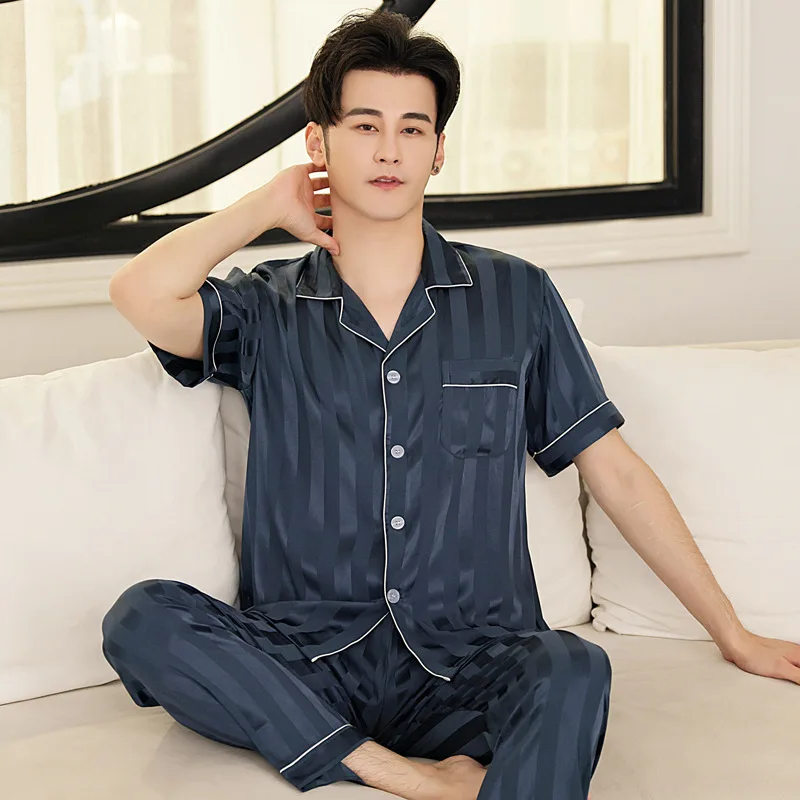 Summer Men's Pajamas Set Man Sleepwear Lmitation Silk Pajama For Men Cozy Soft Long Sleeve Nightgown Male Pyjamas Home Clothes