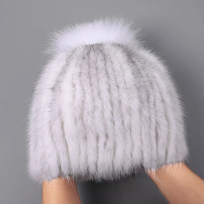 

New Winter Women Cap Real Mink Fur Hat With Fox Tail Female Black White Natural Fur Beanies Hat Elastic Knitting Wool Lining Cap