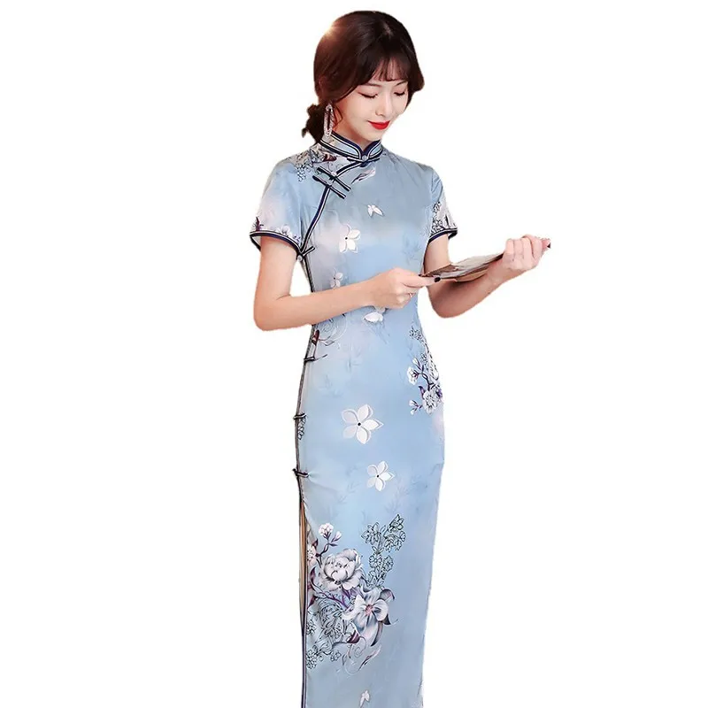 

Women Elegant Flower Print Long Cheongsam Vintage Button Trim Classic Chinese Dresses Sexy Slim Qipao Formal Party Dress
