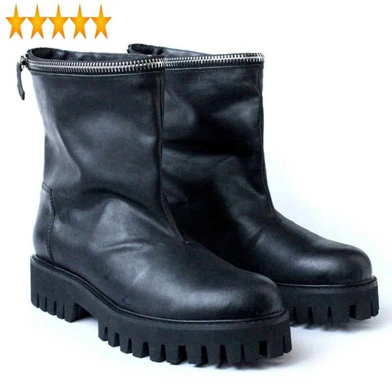 

Bottom Winter Thick Fake Zipper Black Men Russian Style Round Toe Slip On Botas Top Genuine Leather Cowboy Boots Plus Size