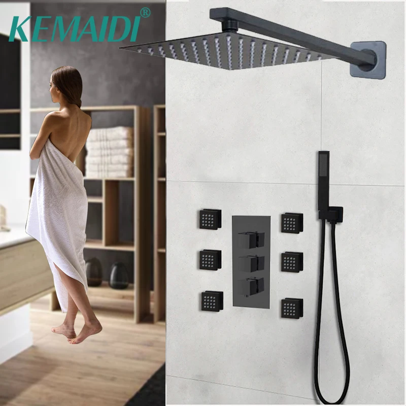 KEMAIDI Matte Black Wall Mounted Square Bathroom Thermostatic Rainfall Shower Faucet Set Solid Brass Rainfall LED Shower Head
