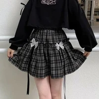 houzhou kawaii gothic lolita plaid skirt women goth bow black high waist a line mini skirts japanese style harajuku soft girl