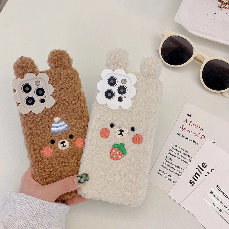 

Cute Cartoon Bear Warm Lamb Plush Fabric Phone Case For iPhone 13 12 11 Pro Max X Xs Max Xr 7 8 Plus Cases Fuzzy Soft Cover Capa