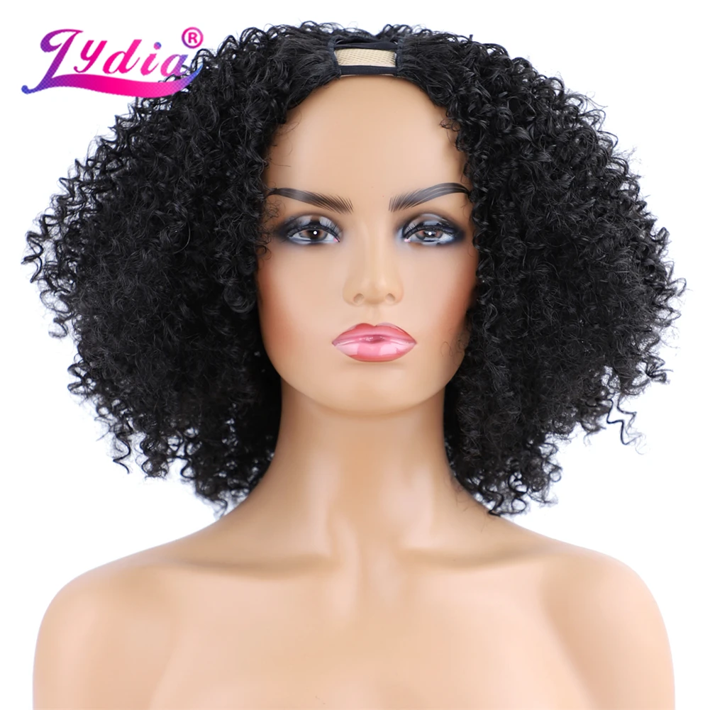 Lydia-Peluca de cabello rizado Afro para mujer, postizo de Color negro Natural, parte en U, 130 de densidad, resistente al calor, sintético, 16 pulgadas, para uso diario