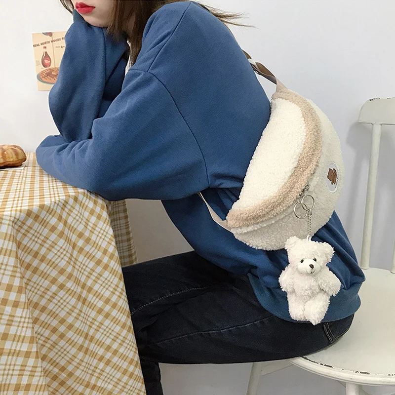 

Women Plush Chest Bag Cute Bear Shoulder Bags Soft Cloth Fabric Purse Half Moon Lovely Lamb Like Crossbody Bags For Girls