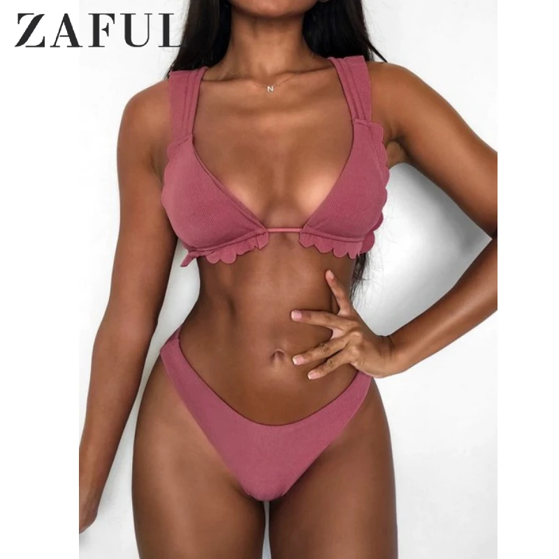 

ZAFUL Ribbed Plunge Frilled Bikini Women Swimsuit High Cut Bikini Wire Free Bathing Suit Padded Swimwear 2020 Summer Bikinis Set