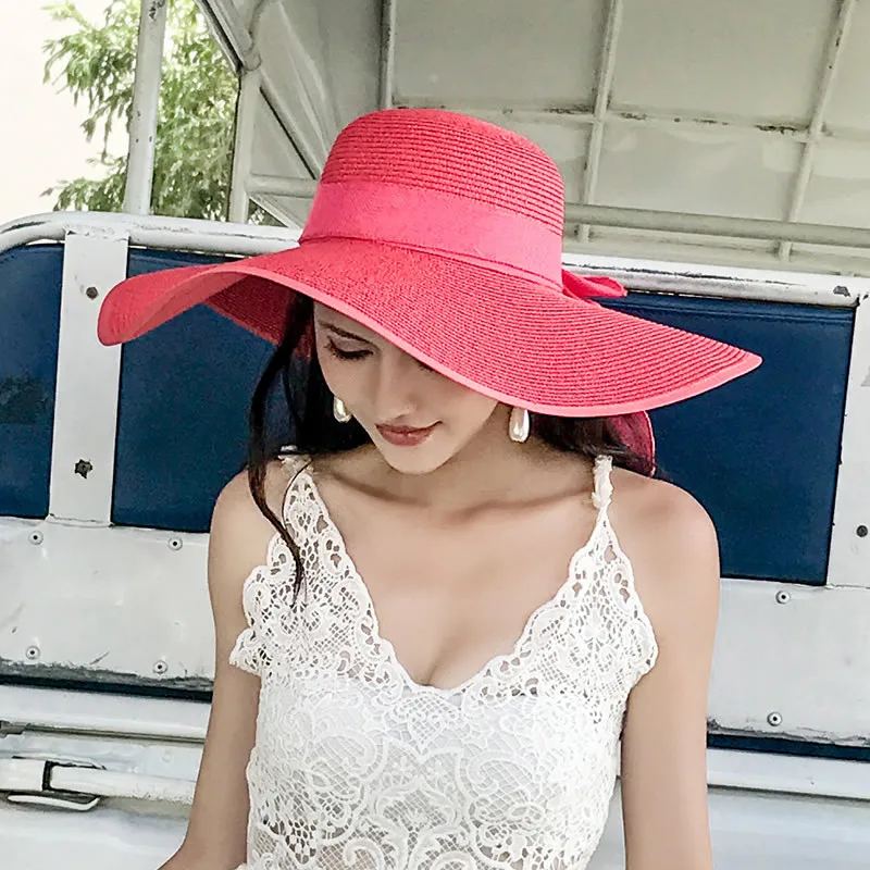 

2020 Women's Straw Hats Panama Caps Beach Summer UV Protection Super Wide Brim Panama floppy Beach Ladies bow hat