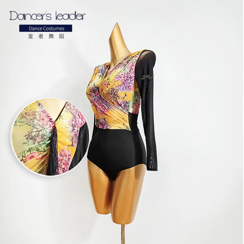 

Топ для латиноамериканских танцев, новый костюм для соревнований по бальному танцу с V-образным вырезом, сетчатый боди с принтом для самбы, с...