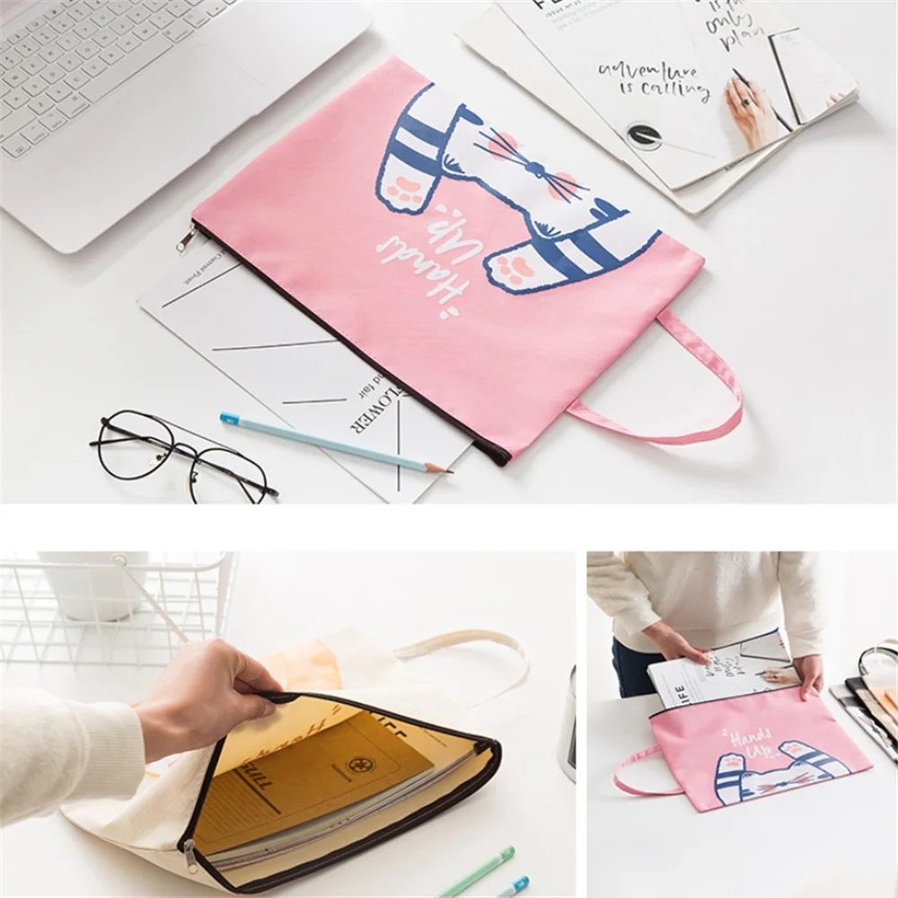 

Cute Cat Paw File Bag Cartoon Canvas Zipper Document Bag Bill Folder Large Capacity Handbag Storage Bag Document Bag Briefcases