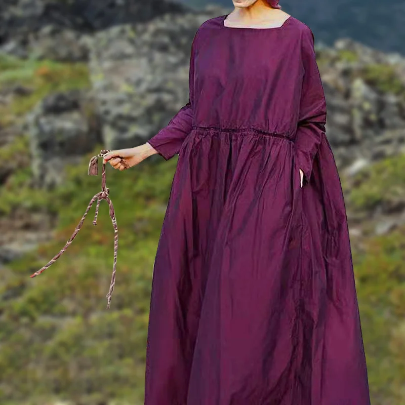 

Женское Хлопковое платье с квадратным вырезом, фиолетовое или Красное Длинное свободное платье из тонкого хлопка высокой плотности с квадр...