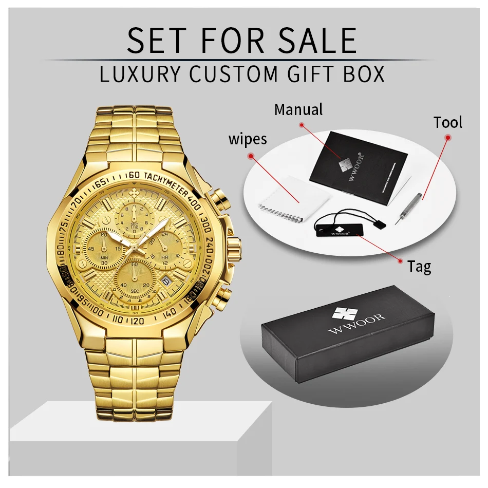 

WWOOR Fashion Military Mens Watches Top Brand Luxury Gold Full Steel Quartz Analog Wristwatch Sport Waterproof Chronograph Clock