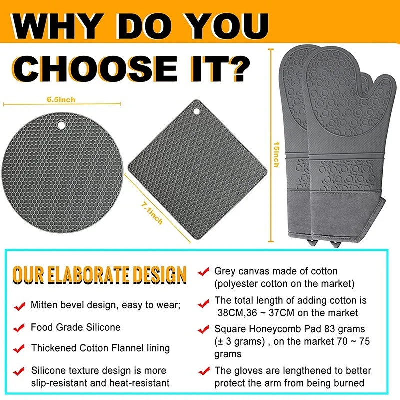 

Silicone Oven Mitts and Hot Pads Set, Jumeijia 8Pcs Extra Long Kitchen Oven Silicone Gloves with Non-Slip Heat