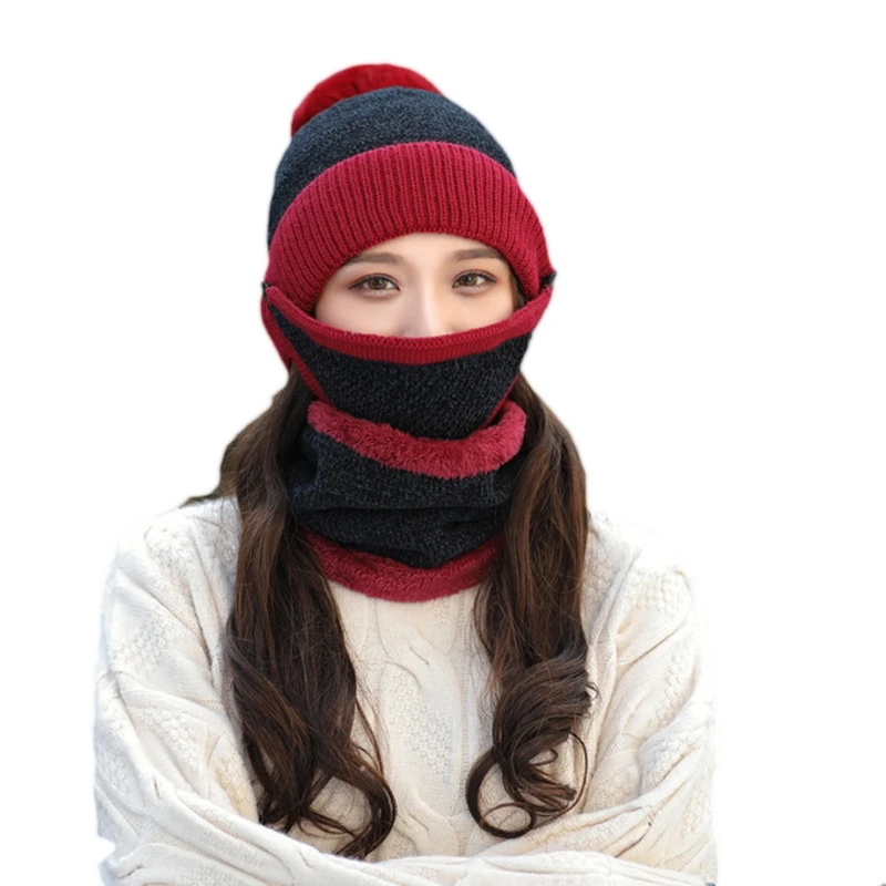 

Women Winter 3Pcs Contrast Color Knit Warm Pompom Beanie Hat Scarf Face Mask Set