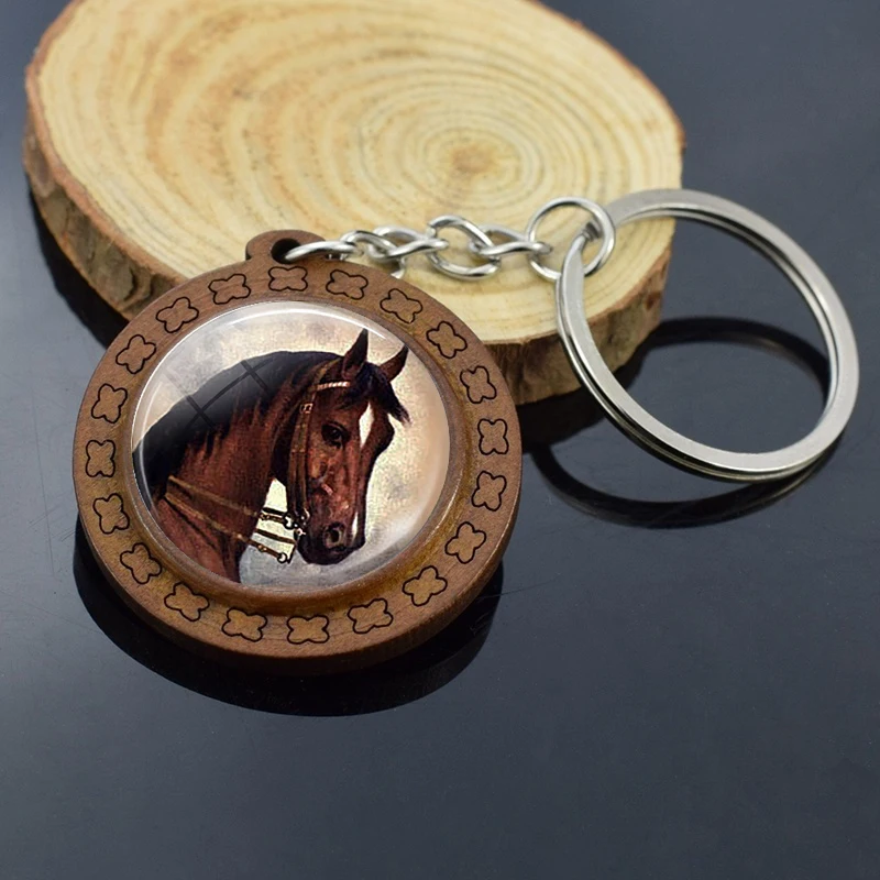 

Horse Wooden Keychain Car Key Chain Glass Cabochon Jewelry Vintage Animal Pendant Cartoon Horse Keyring Women Men Gifts
