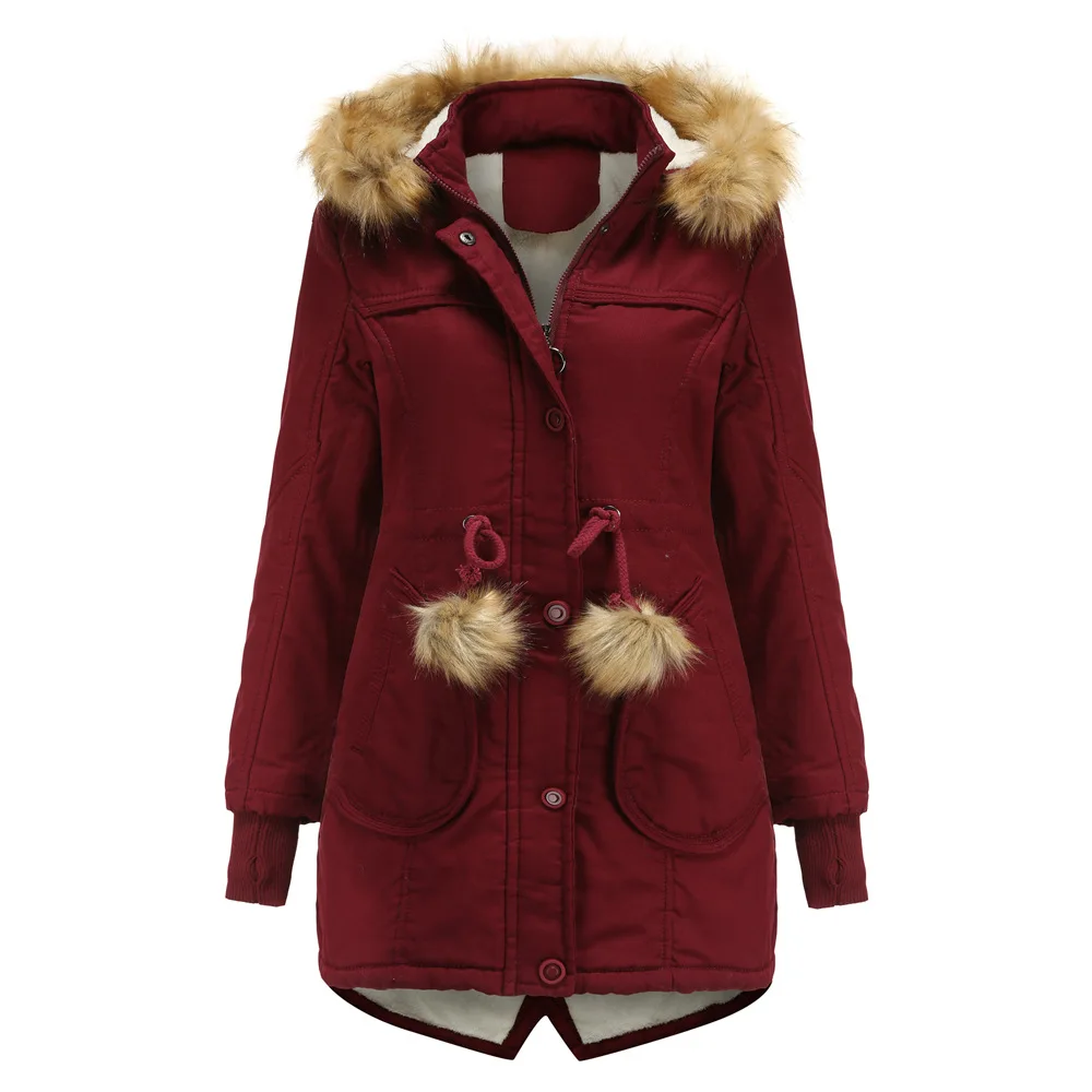 

Women Cotton Padded Jacket Detachable Hooded Fur Collar Winter Lining Plus Fleece Coat Overcoat Pleated Outerwear Hairball