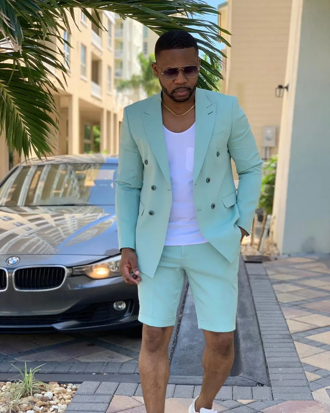 Light Green Summer Short Suits For Men Groom Tuxedo Double Breasted Casual Blazer Men Suit Slim Fit Wedding Suits (Jacket+Pants)