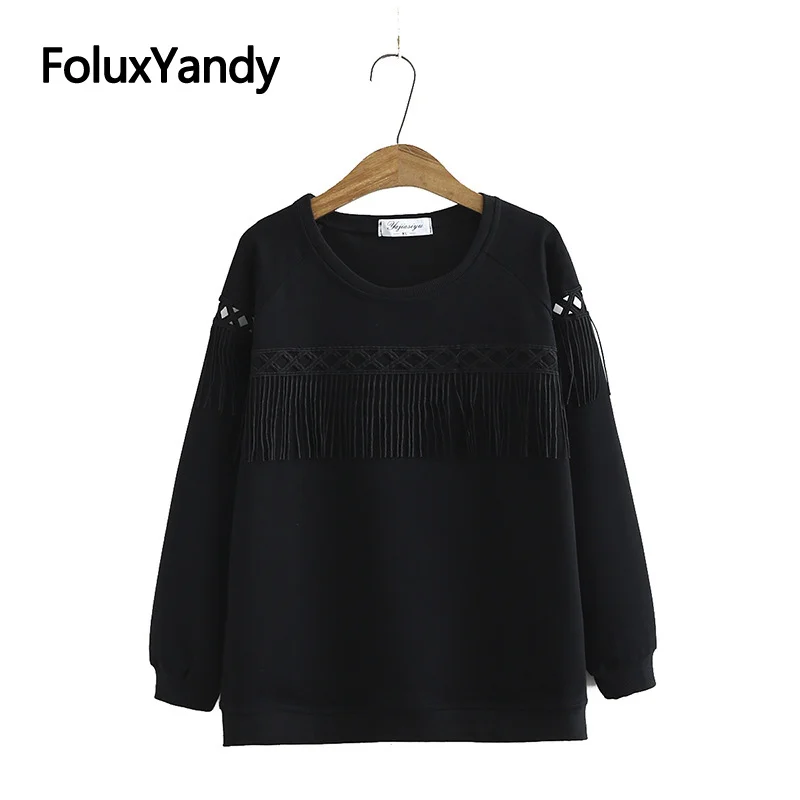 

Tassel Hoodie Women's Sweatshirt Plus Size Loose Casual O-neck Hollow Out Long Sleeve Hoodie Black White KKFY4861