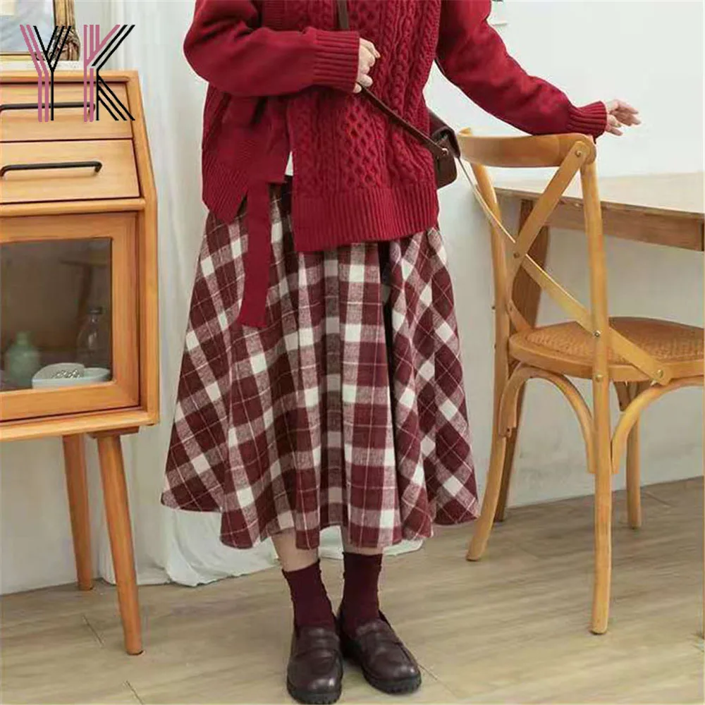 

Christmas Red Plaid Woolen Cloth Pleated Midi Skirts Elastic Band High Waist A-Line Skirts Vintage Thicken Warm Mori Girl Saia