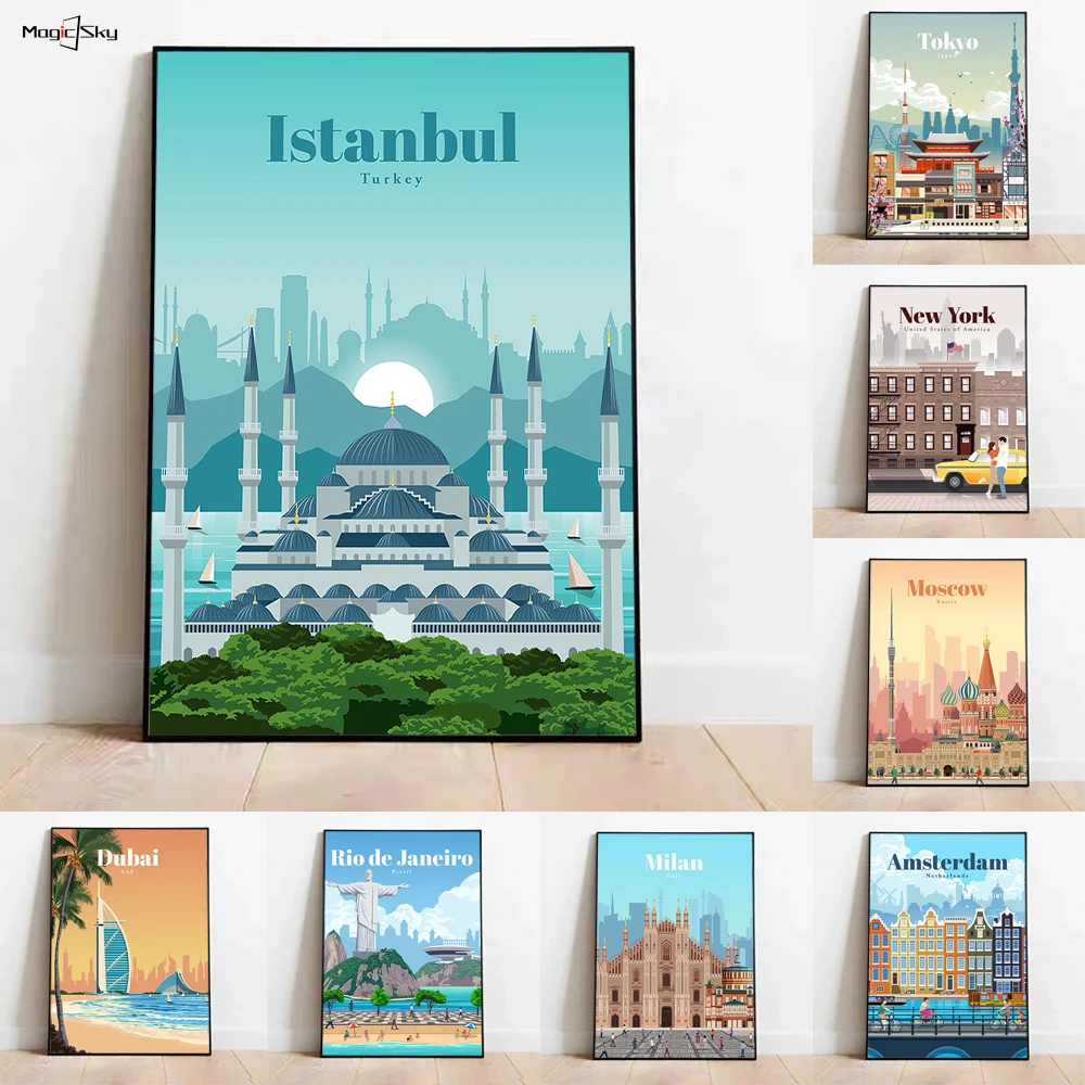 

World Famous City Landmarks Photos New York Istanbul Tokyo Morocco Canvas Painting Wall Art Decorative Posters Room Home Decor