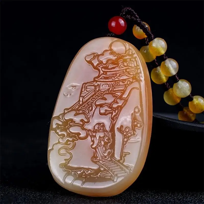

China Sheung Shui Landscape Natural Yellow Dragon Jade Carved Pendant Exquisite Noble Jewelry Quality Accessories Gifts