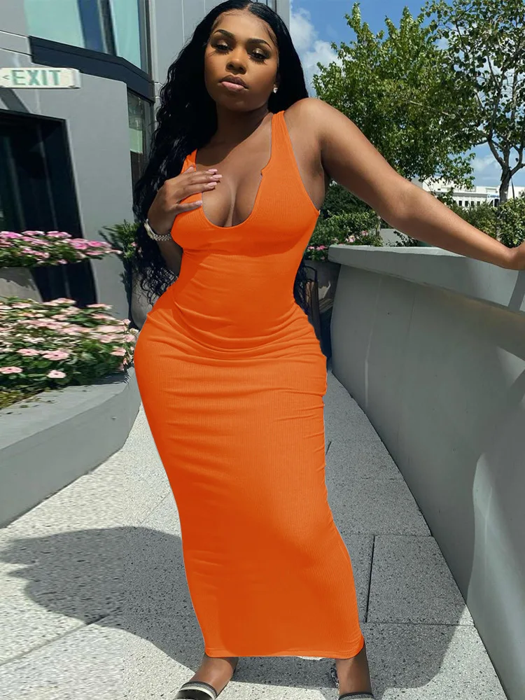 

Summer Sexy V-neck Sleeveless Tigh Dress Women Fashion Solid Street Nightclub Style Vest Long Tight Dress Women
