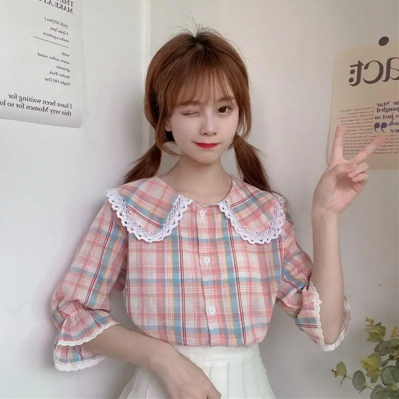 

Baby collar shirt Female Minority spring and summer 2021 new Korean college style loose splicing Plaid sunscreen clothes female