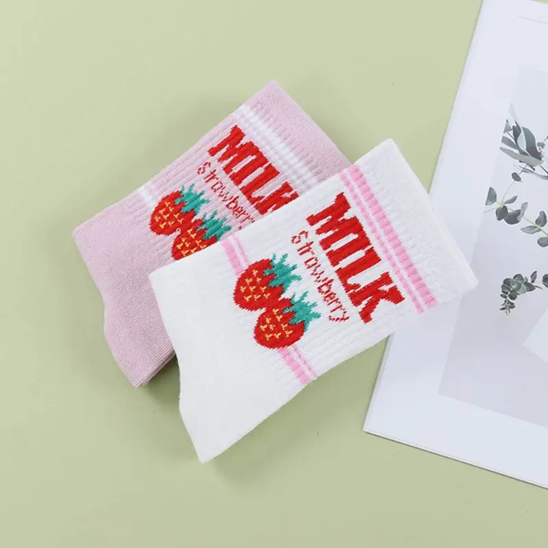 

2 Pair Kawaii Sweet Milk Strawberry Women Girl Unisex Socks Harajuku Candy Color