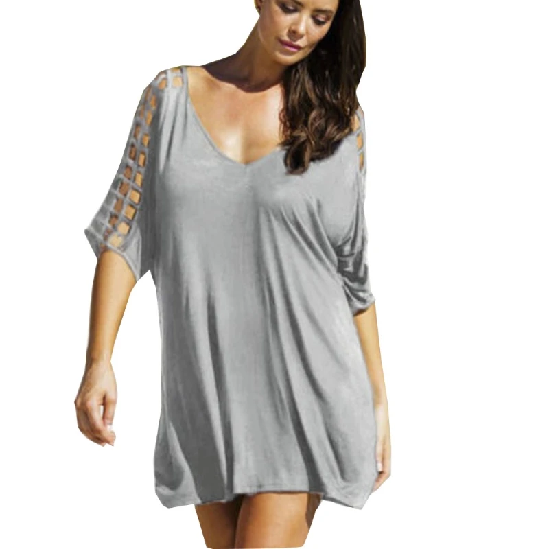 

Women Hollow Out Half Sleeve Swimsuit Cover Up Sexy V-Neck Kaftan Beach Dress