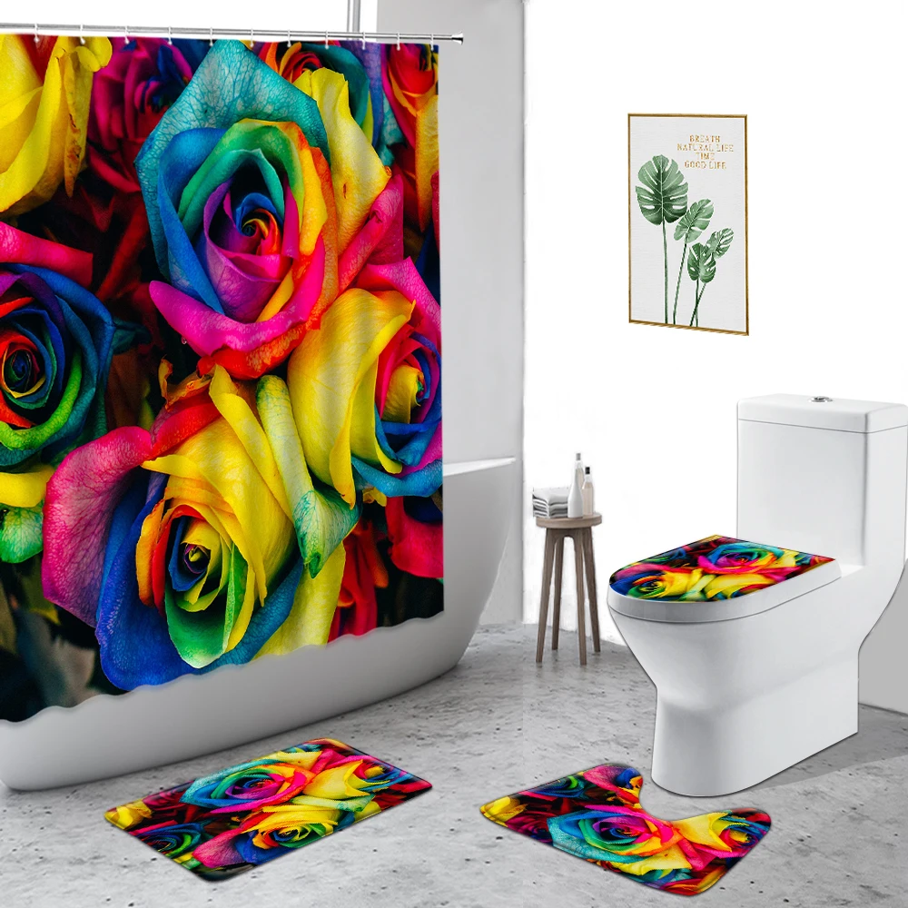

Colorful Rose Shower Curtain Purple Red Yellow Rose Flower Bathroom Decoration Set Non-Slip Carpet Toilet Cover Bathtub Screen