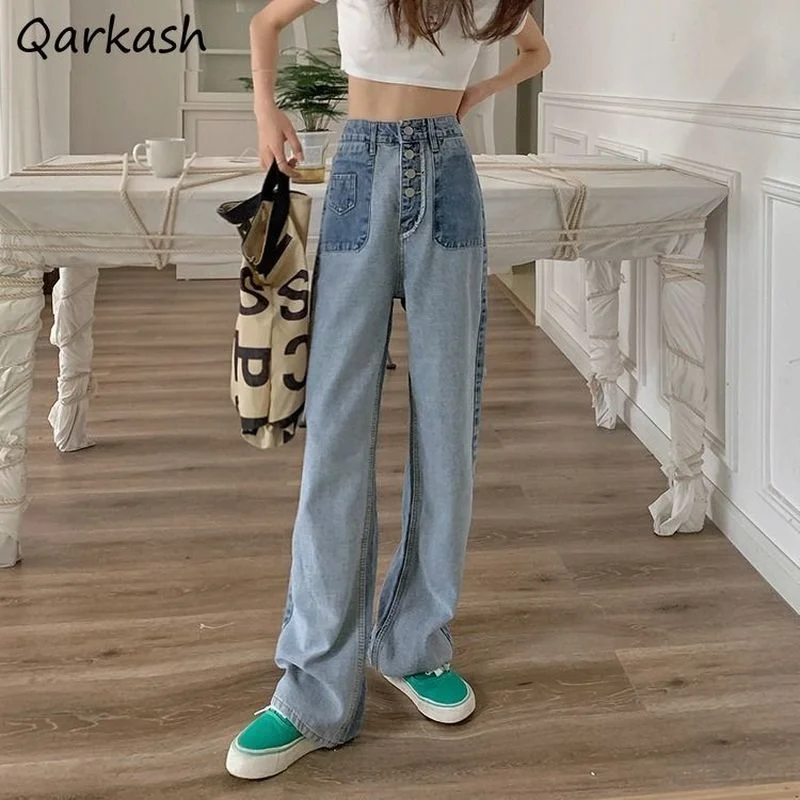 

Jeans Women Denim Chic Summer Korean Trendy BF Style Vintage Causal Loose Single Breasted Design Femme New Patchwork Ins Trouser