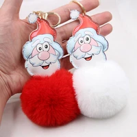 fluffy santa claus keychains for key cover pompom faux rabbit fur ball father christmas gift keyring holder pendant accessories
