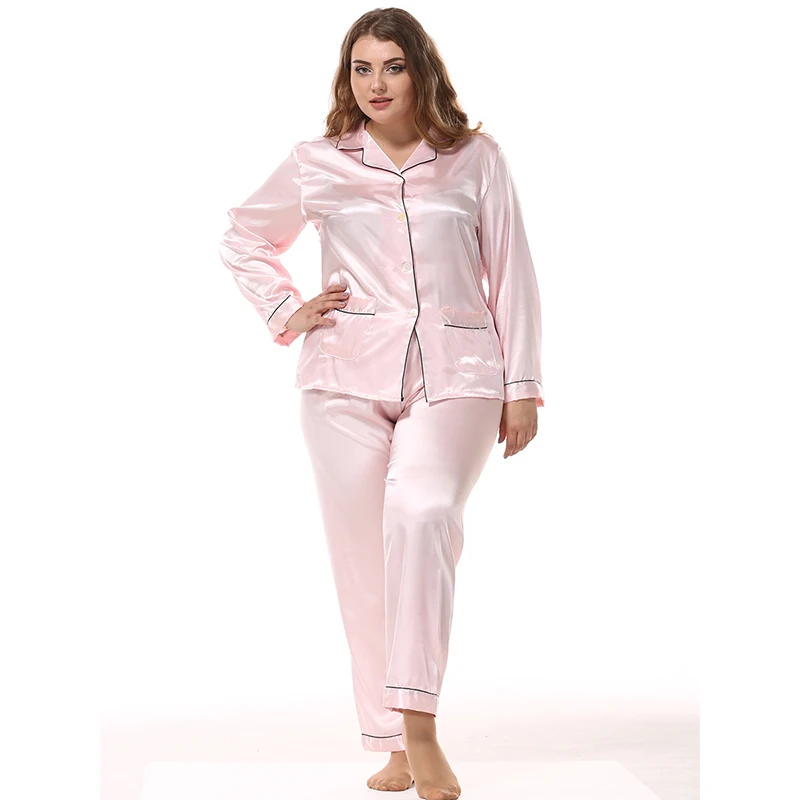 Big Size Lady Imitation Silk Pajama Sets Satin Silk Clothes + Long Pants Two-Piece Sets Casual Sleepwear Fat MM Women 8219