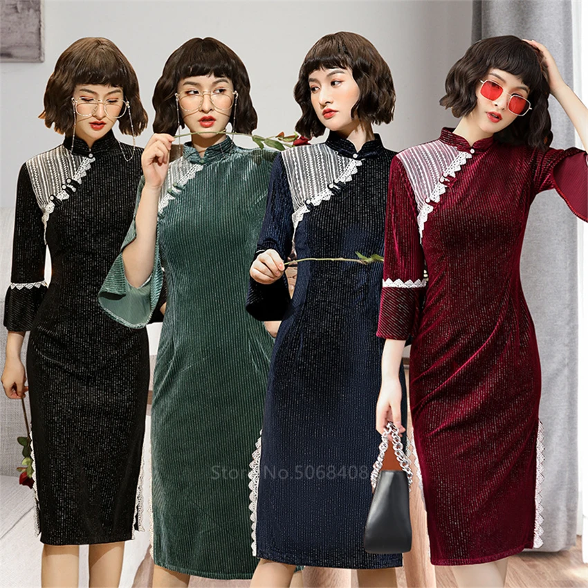 Женское винтажное платье с разрезом длинное кружевное в китайском стиле