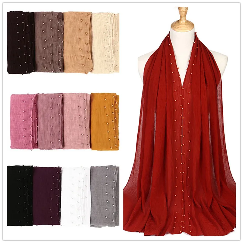

Plain Color Chiffon Scarf Hijab Female Fold Pearl Islamic Head Cover Wrap for Women Muslim Jersey Hijabs Hair Scarves Headscarf