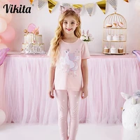 vikita girls clothing sets summer girls unicorn embroidery cartoon short sleeve o neck t shirt casual pants suit kids clothes