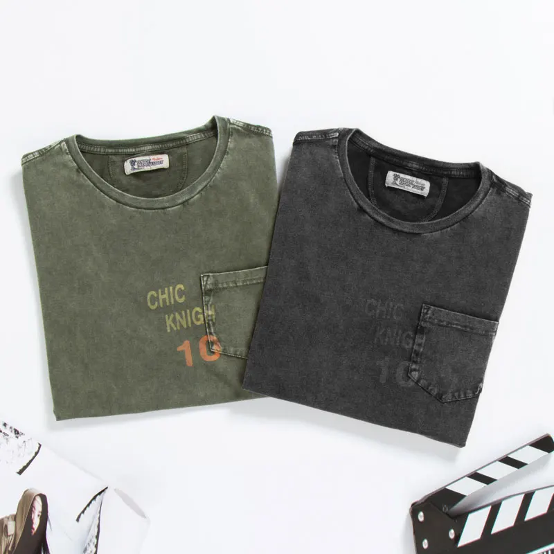 

Summer New Men's Short Sleeve T-Shirt 100% Cotton O-Neck Letter print Vintage Washed pocket casual fashion slim fit tees C116