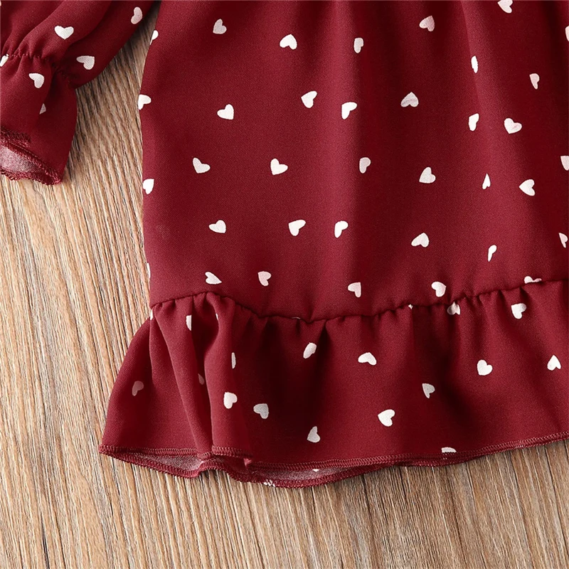 Children Spring Dresses Kids Baby Girls Long Sleeve Heart-shaped Print Cotton Red A-line Dress Summer for | Детская одежда и обувь
