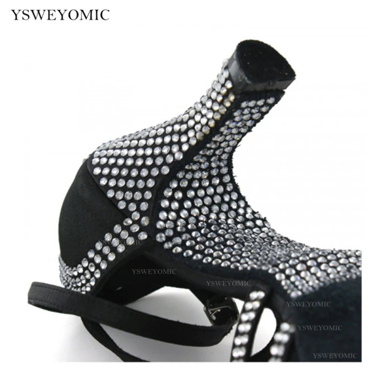 Professionally Salsa Latin Shoes Black Satin High Quality Rhinestones On Outsole Fashion Summer Latin Dance Sandals Dance Shoes