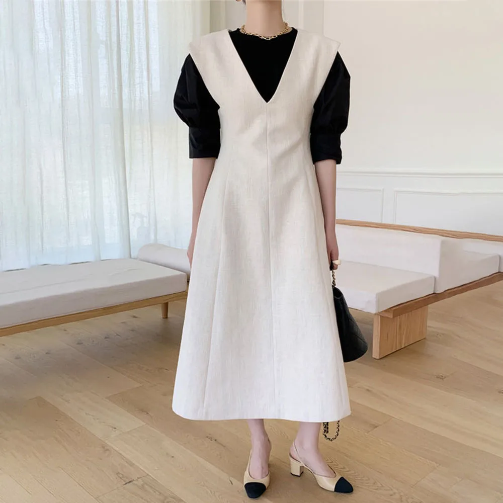 

Japanese Korean Version Two Piece Sets Spring Summer Fashion Casual Temperament Simple Loose Puff Sleeve V-neck Solid Color