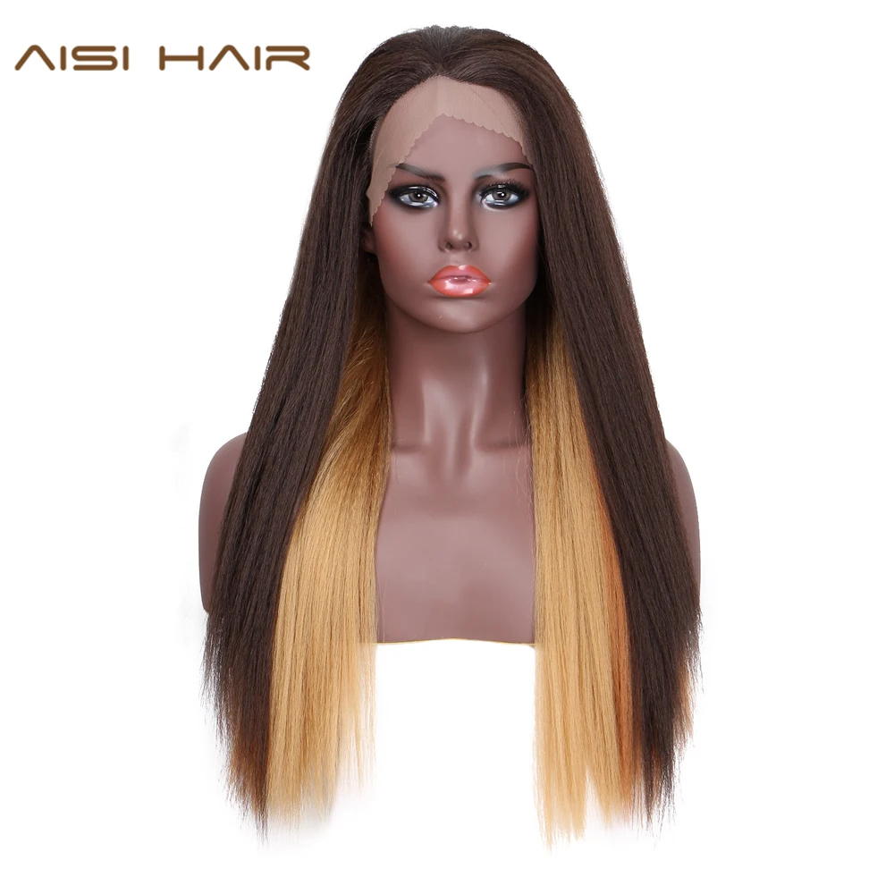 

AISI HAIR Synthetic Long Kinky Straight Lace Front Wig for Women Dark Brown Mixed Blonde Color Wig for Daily Party Use