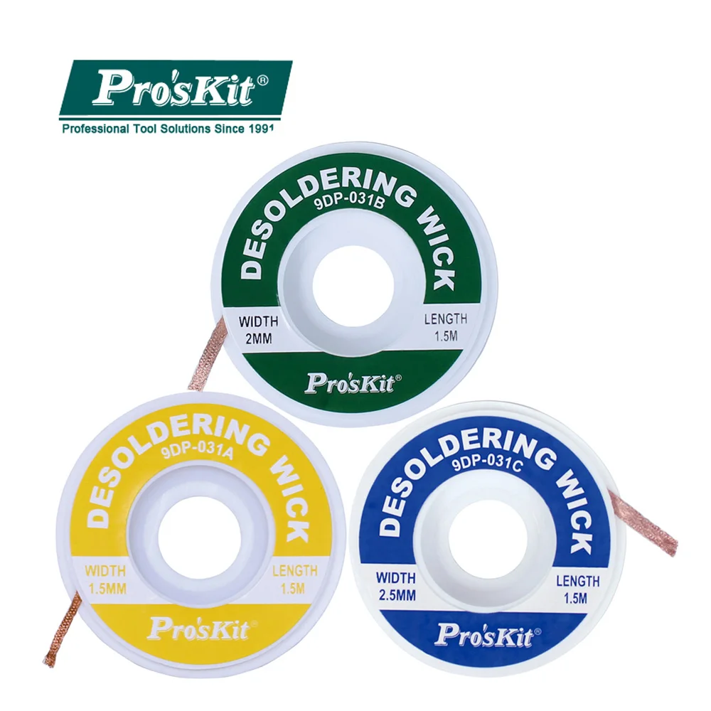 

Pro'sKit Desoldering Wick Braid Solder Sucker Desoldering Pump Tool BGA Vacuum 1.5/2/2.5mm Suction Solder Wick Wire