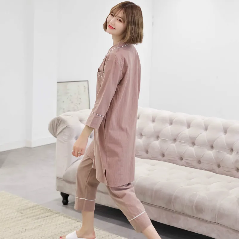

Autumn Cotton Pajamas Women Simple Sleepwear Turn-down Collar Coffee Color 3 Piece Set Thin Home Clothes Loose Soft Lounge Wear