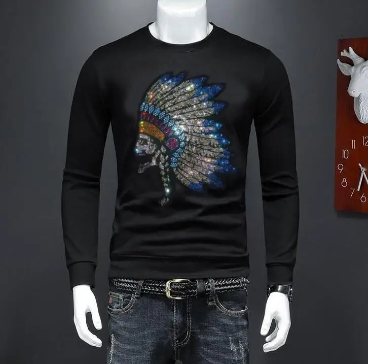 

Men's Sweatshirt Hoodie Top 2019 Autumn New Style Rhinestones O-neck Long Sleeves Pullover Sweatshirt
