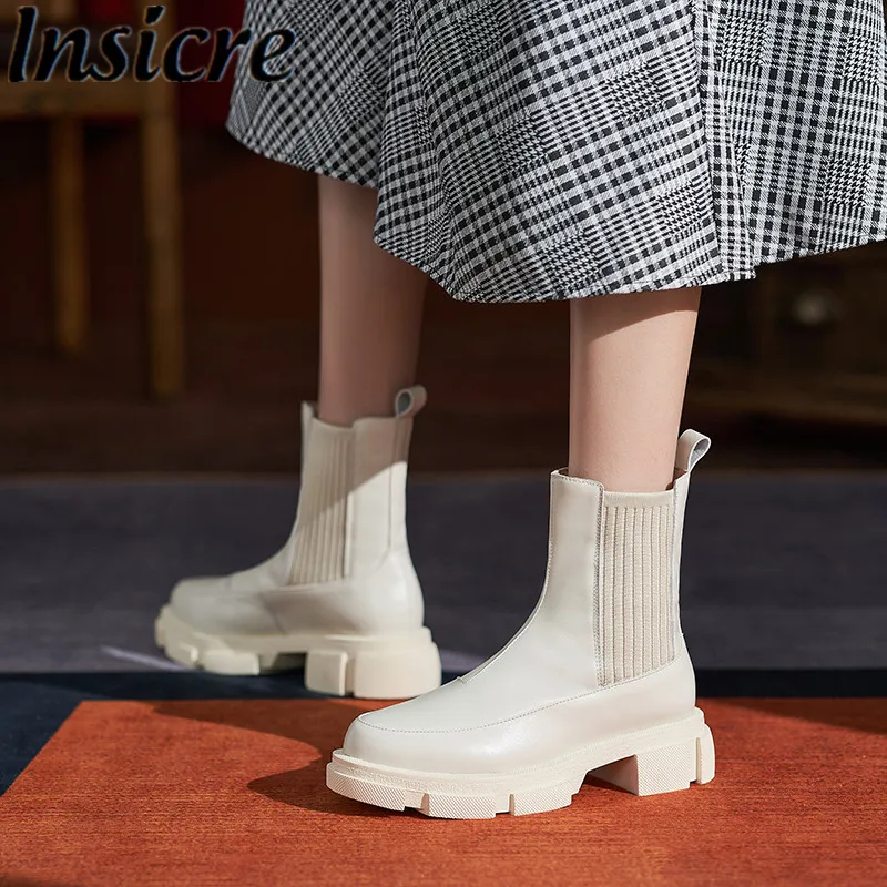 

Женские ботильоны с круглым носком Insicre, Бежевые ботинки из коровьей кожи на платформе и толстом низком каблуке, размер 41, в стиле пэчворк, не...