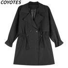 Тренчкот женский однотонный, тонкое двубортное пальто с кулиской, Повседневная Свободная элегантная облегающая верхняя одежда, Койот