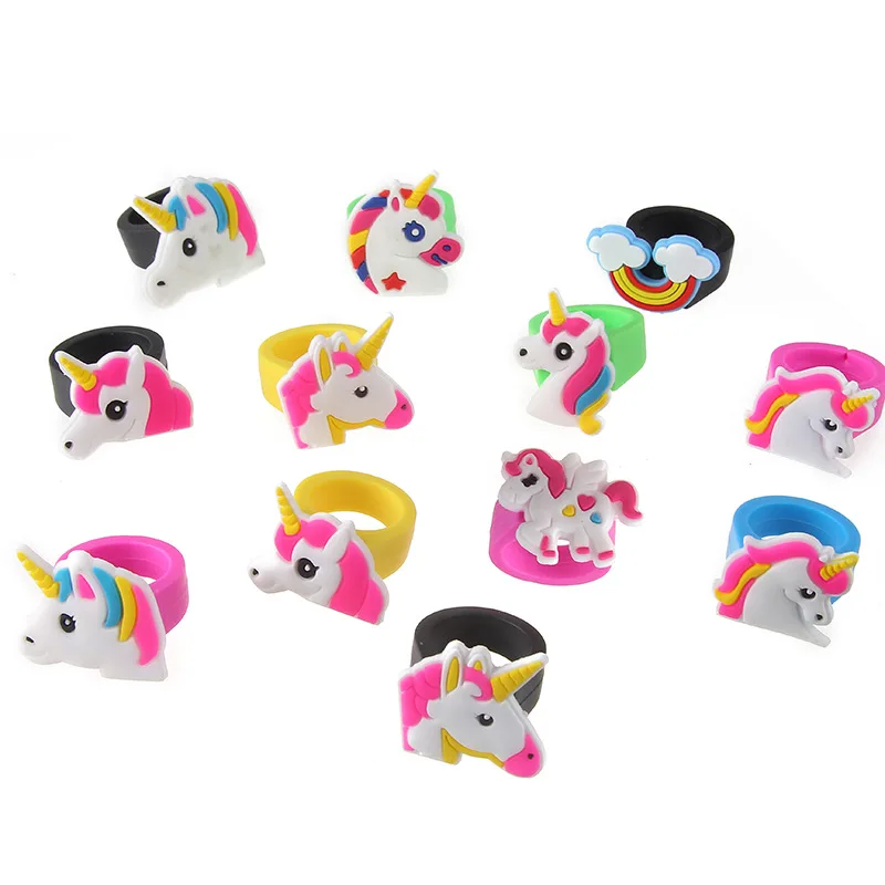 

10pcs Cartoon Unicorn Rings Silicone Rainbow horse Finger Ring Kids Jewelry Party Favors Cute Gift For Baby Girl Children
