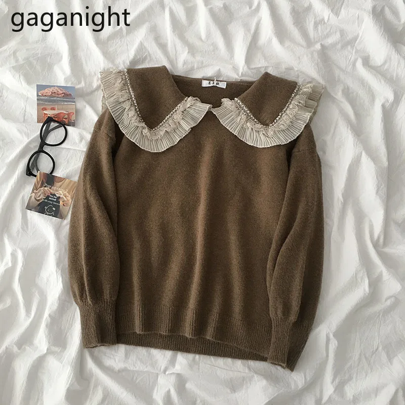 Gaganight Повседневный свободный Женский вязаный свитер кружевной лоскутный Питер